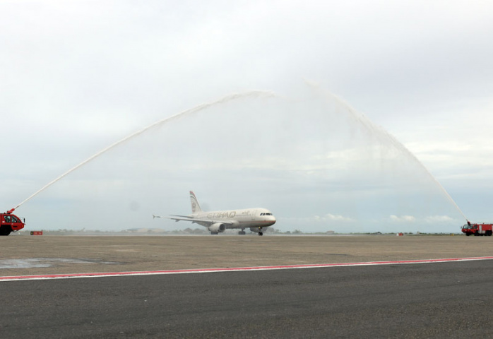 The inaugural flight was welcomed with a traditional water cannon salute. The inaugural flight was welcomed with a traditional water cannon salute.