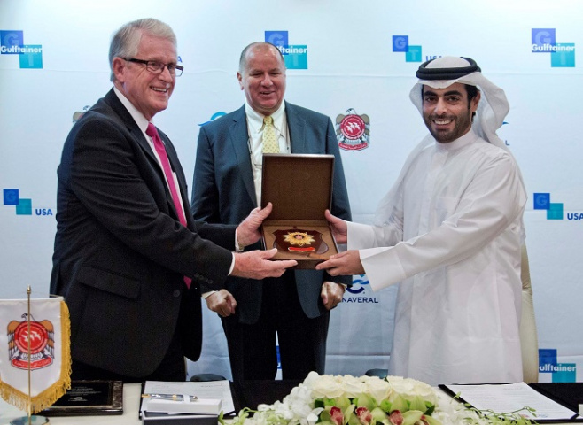Left to right: Jerry Allender, chairman, Canaveral Port Authority Board of Commissioners, Peter Richards, managing director, Gulftainer and Sheikh Kha Left to right: Jerry Allender, chairman, Canaveral Port Authority Board of Commissioners, Peter Richards, managing director, Gulftainer and Sheikh Kha