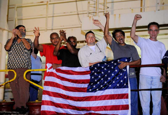Crewmen from the Maersk Alabama celebrate after hearing of the release of their captain from Somalian pirates. Courtesy of AFP/Getty. Crewmen from the Maersk Alabama celebrate after hearing of the release of their captain from Somalian pirates. Courtesy of AFP/Getty.