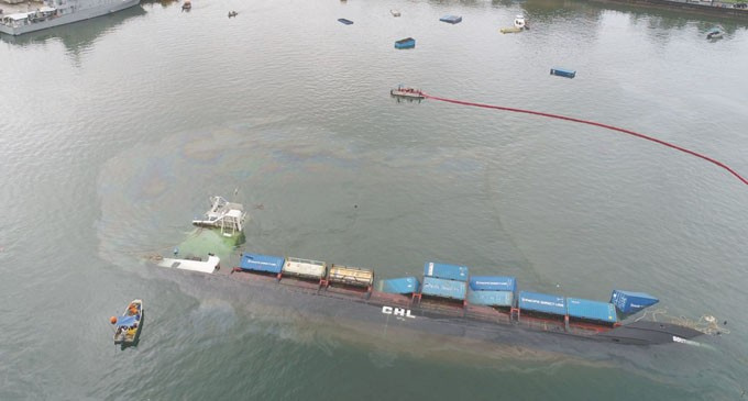 The 89 metre vessel developed a severe list following loading at its berth. It was towed to a safe location away from the port area, where it rolled over and sank in 15m of water. The 89 metre vessel developed a severe list following loading at its berth. It was towed to a safe location away from the port area, where it rolled over and sank in 15m of water.