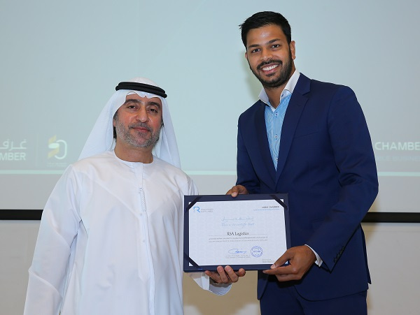 Hisham Al Shirawi the second vice chairman, Dubai Chamber of Commerce & Industry presented the award to Abhishek Ajay Shah, managing director of RSA Logistics. Hisham Al Shirawi the second vice chairman, Dubai Chamber of Commerce & Industry presented the award to Abhishek Ajay Shah, managing director of RSA Logistics.