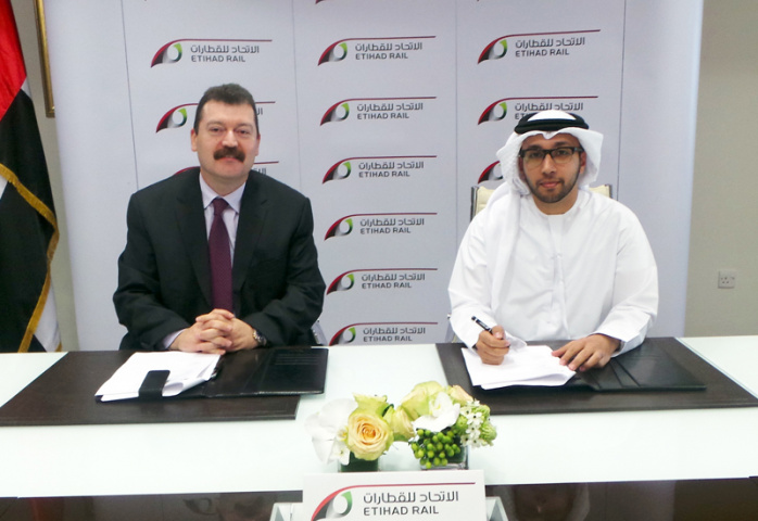 Naser Bustami, general manager of Stevin Rock, with Faris Saif Al Mazrouei, acting CEO of Etihad Rail. Naser Bustami, general manager of Stevin Rock, with Faris Saif Al Mazrouei, acting CEO of Etihad Rail.