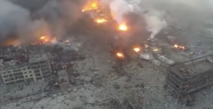 A huge blast radius around the warehouse shows the extent of the explosions' power. A huge blast radius around the warehouse shows the extent of the explosions' power.