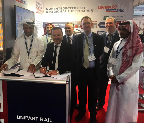 UK Rail Minister Paul Maynard MP attended the signing of a memorandum of understanding between Unipart Rail and Arabian Railway Company during the Middle East Rail 2017 conference in Dubai. UK Rail Minister Paul Maynard MP attended the signing of a memorandum of understanding between Unipart Rail and Arabian Railway Company during the Middle East Rail 2017 conference in Dubai.