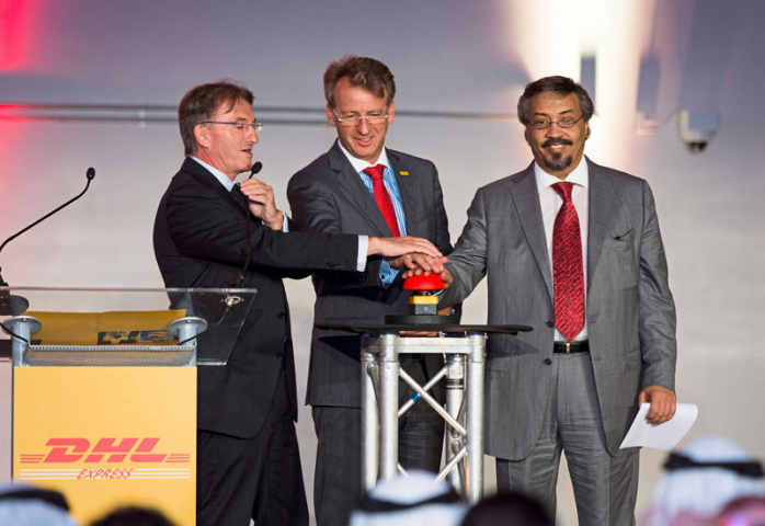 (L-R) Ken Allen, Frank-Uwe Ungerer & Nour Suliman at the July 2014 launch of DHL’s logistics facility in Meydan, Dubai. (L-R) Ken Allen, Frank-Uwe Ungerer & Nour Suliman at the July 2014 launch of DHL’s logistics facility in Meydan, Dubai.
