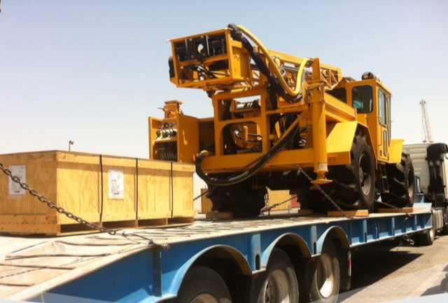 The consignment of eight heavy drill rig units weighing 13-tons each, a water tanker and nine cases of spare parts was picked up at Umm Qasr Port in Iraq. The consignment of eight heavy drill rig units weighing 13-tons each, a water tanker and nine cases of spare parts was picked up at Umm Qasr Port in Iraq.
