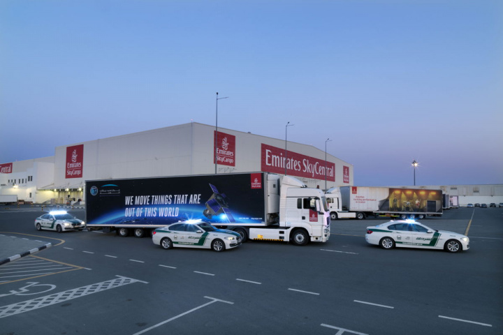 Emirates SkyCargo re-branded one of its trucks for the historic occasion as the UAE takes its first steps into space. Emirates SkyCargo re-branded one of its trucks for the historic occasion as the UAE takes its first steps into space.