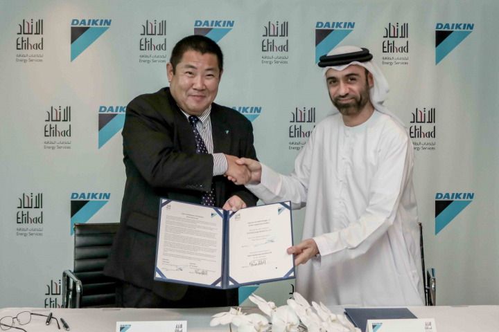The agreement was signed by Ali Al Jassim, CEO, Etihad ESCO and Yuji Miyata, chairman and president, Daikin Middle East and Africa. The agreement was signed by Ali Al Jassim, CEO, Etihad ESCO and Yuji Miyata, chairman and president, Daikin Middle East and Africa.