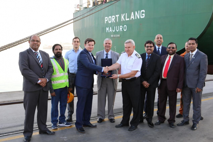 To mark the occasion, Stephen Barron, SCT terminal manager, presented a commemorative shield to Captain Mykola Chernikov, captain of Port Klang, in the presence of senior management from Gulftainer and representatives of Sunmarine Shipping Services. To mark the occasion, Stephen Barron, SCT terminal manager, presented a commemorative shield to Captain Mykola Chernikov, captain of Port Klang, in the presence of senior management from Gulftainer and representatives of Sunmarine Shipping Services.