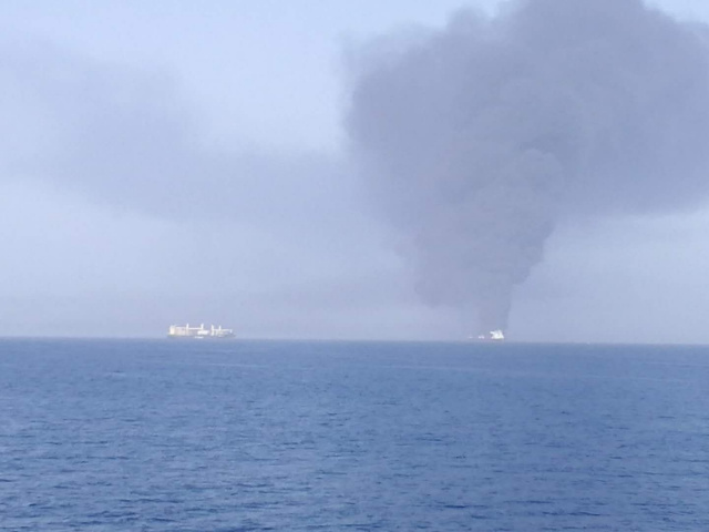 A seafarer in the area claims this is an image of one of the tankers on fire, it has not been independantly verified A seafarer in the area claims this is an image of one of the tankers on fire, it has not been independantly verified