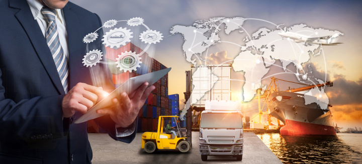 Businessman is pressing button on touch screen interface in front Logistics Industrial Container Cargo freight ship for Concept of fast or instant shipping Online goods orders worldwide Businessman is pressing button on touch screen interface in front Logistics Industrial Container Cargo freight ship for Concept of fast or instant shipping Online goods orders worldwide
