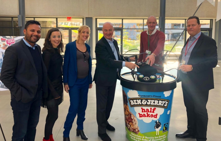 Terra Drone Europe team member (second from right) with members of Unilever’s ice cream delivery program, ‘Ice Cream Now’, including Unilever CEO Alan Jope (third from right) Terra Drone Europe team member (second from right) with members of Unilever’s ice cream delivery program, ‘Ice Cream Now’, including Unilever CEO Alan Jope (third from right)