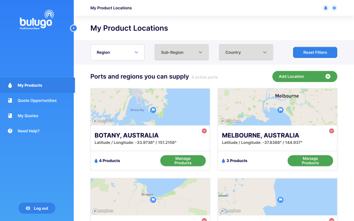 Bulugo enables ship operators to reduce the time and cost involved in sourcing fuel and lubricants by searching an online database of potential suppliers across several criteria. Bulugo enables ship operators to reduce the time and cost involved in sourcing fuel and lubricants by searching an online database of potential suppliers across several criteria.